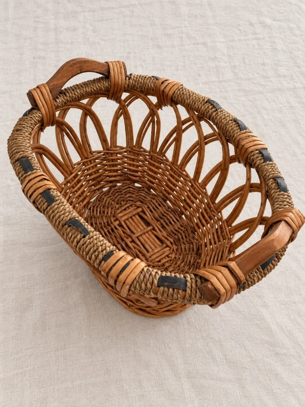 Vintage Woven Wicker Basket Wood Handles Open Weave Pedestal